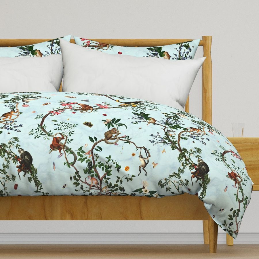 Forest Parrot Monkey Duvet Cover Set, Green Floral Bedding, Single Double Full Cali Queen King Size, Text n authentic Size Customizable